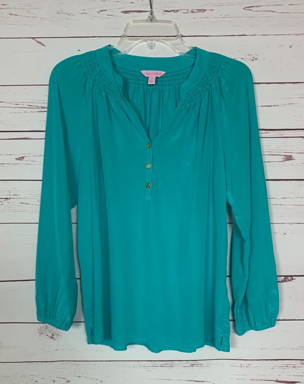 Lilly Pulitzer Women's S Small Blue Turquoise Blue 100% Silk Preppy Blouse Top